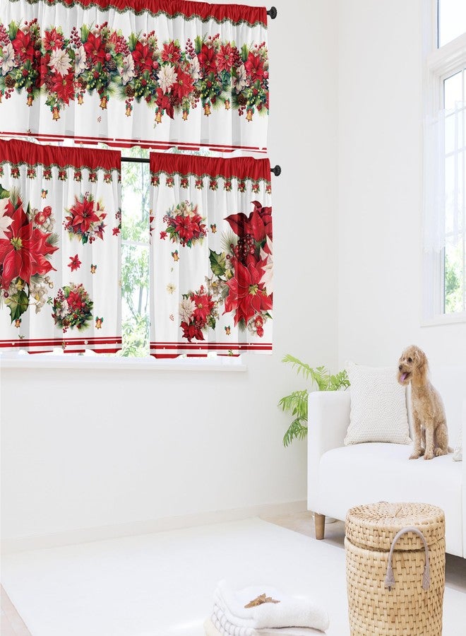 SUNWISHA Christmas Poinsettia Curtain Valances Set - Upper & Lower Curtains, 52'' L x 18'' W & 36'' L x 26'' W, Kitchen Windows Decor, 3 Piece Set, Red - Image 3